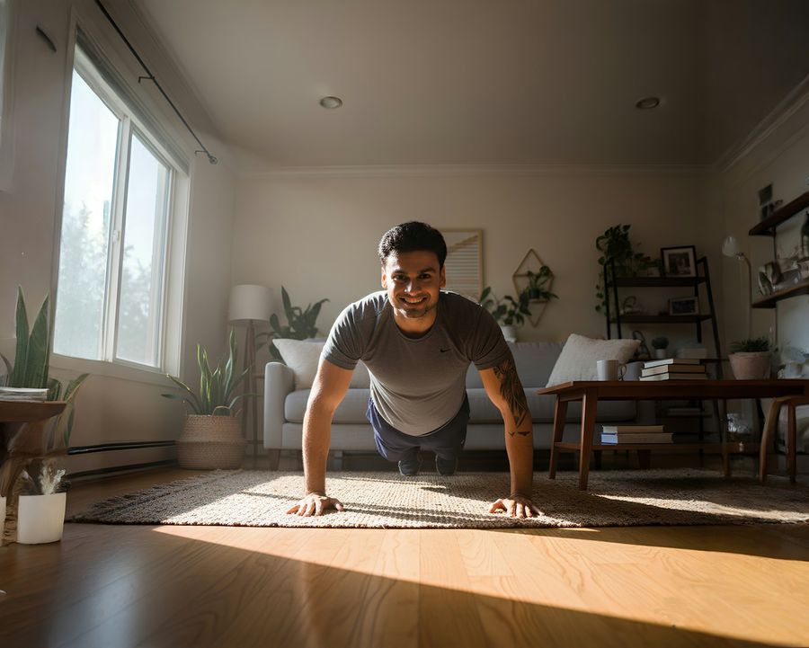 Doing push-ups in a sunlit living room